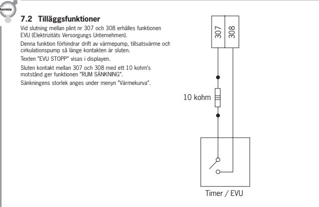 Schematisk illustration av anslutningar för timer, EVU-funktion och motstånd på uppvärmningssystem.