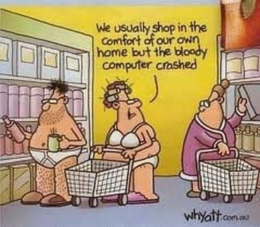 Tecknad bild: Tre karaktärer i underkläder med kundvagnar, frustrerade över kraschad dator, implicerar vanlig online shopping hemifrån.