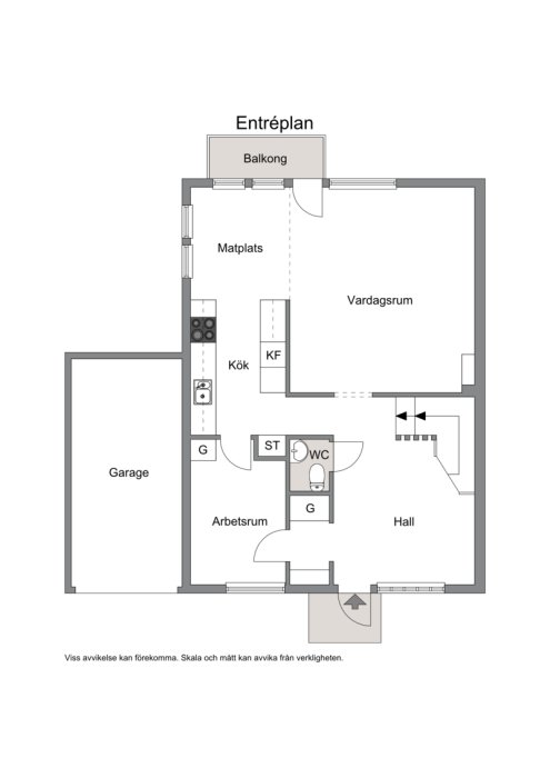 Ritning av entréplan: vardagsrum, kök, matplats, arbetsrum, wc, hall, garage och balkong. Skala kan avvika från verkligheten.