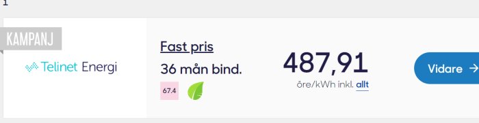 Energiavtal kampanj, "Telinet Energi", fast pris, 487,91 öre/kWh, 36 månaders bindningstid, grönt blad-symbol.