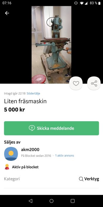 En skärmbild som visar en försäljningsannons för en begagnad liten fräsmaskin, prissatt till 5 000 kr.