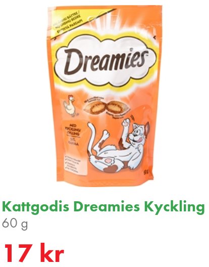 Förpackning av kattgodis, Dreamies, kycklingsmak, 60 gram, orange design, priset angivet som 17 kronor.