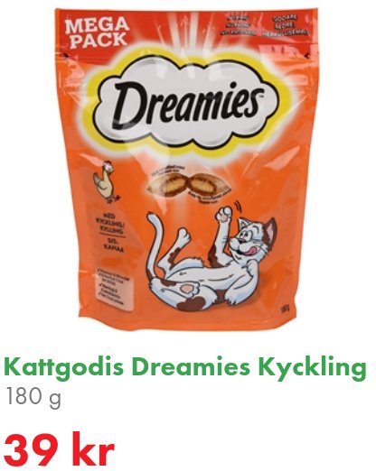Förpackning med kattgodis, Dreamies Kyckling, 180 gram, tecknad katt på orange bakgrund, priset 39 kronor.