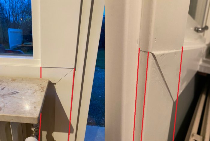 Inomhus hörn av ett rum med markerade röda linjer indikerar felaktighet i konstruktion eller avvikelse från rät vinkel.