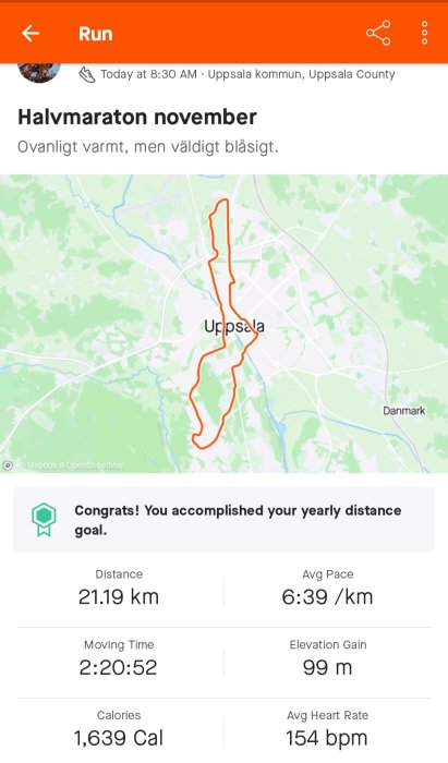 Skärmdump av löparapp, visar en halvmaraton-distans i Uppsala, med statistik: tid, tempo, höjdvinst, förbrända kalorier.