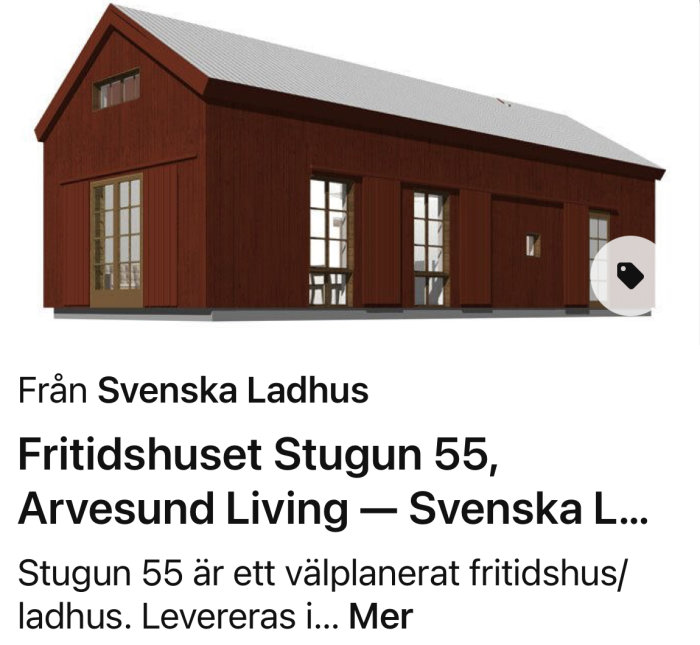 3D-rendering av rött fritidshus med vita fönster från Svenska Ladhuse.