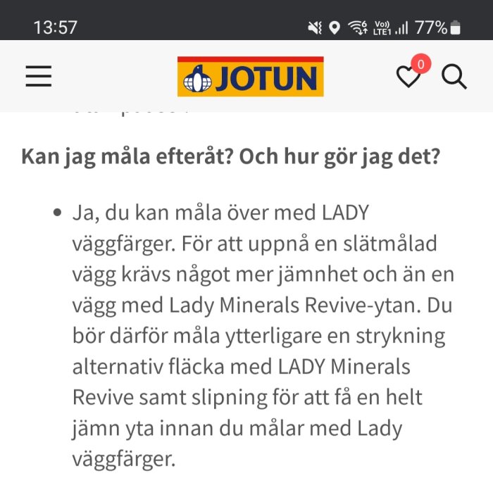 Skärmdump av webbsida, text om målning, Jotun logotyp, svensk språk, mobilgränssnitt.