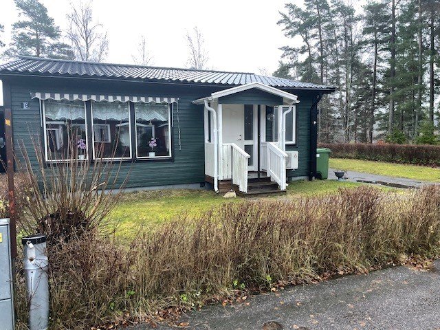 Ett grönt hus med vita fönsterkarmar och veranda, molnig himmel, övervuxen trädgård, träd i bakgrunden.