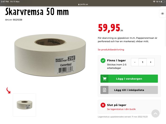 En skärmbild av en webbplats som visar en produkt, en vit tejprulle, med pris och alternativ att köpa.