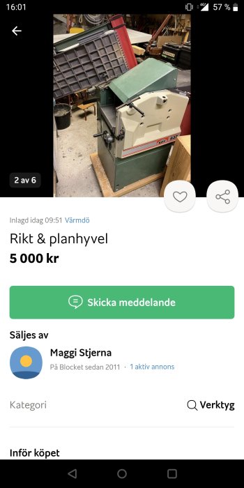 Skärmbild av en annons för en begagnad rikt- och planhyvel till salu på Blocket.