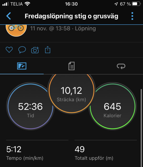 Skärmavbild av träningsapp som visar löpstatistik: distans, tid, kaloriförbränning, tempo och höjdstigning.