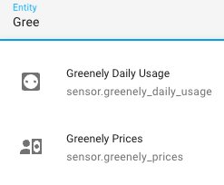 Användargränssnitt med två sensoralternativ: daglig förbrukning och priser för "Greenely".