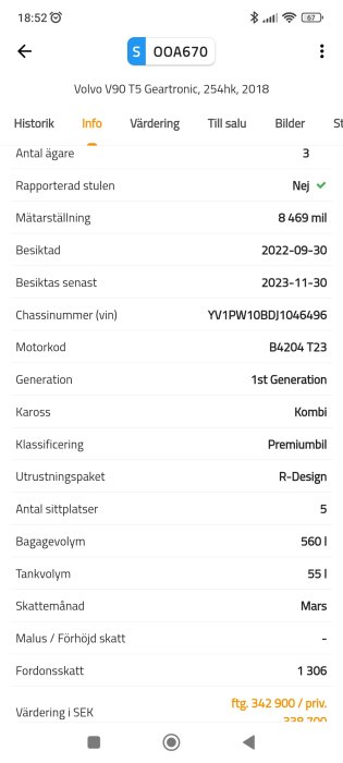 Skärmbild: information om en Volvo V90 T5 bil, inklusive ägarhistorik, mil, besiktning, och värdering.