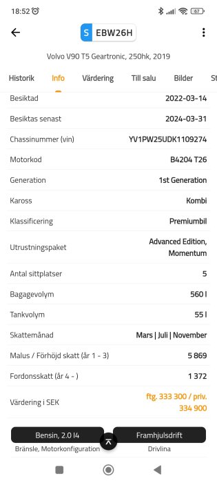 Skärmavbild av mobilapp, visar information om Volvo V90 bil, dess specifikationer och värdering.