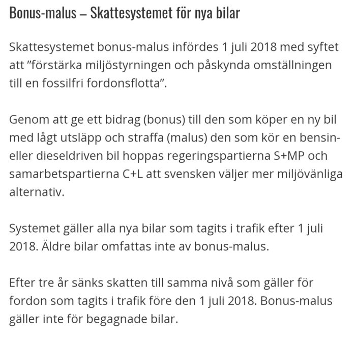 Text om bonus-malus-systemet, skatt på nya bilar, miljöpåverkan, infört i Sverige 2018.