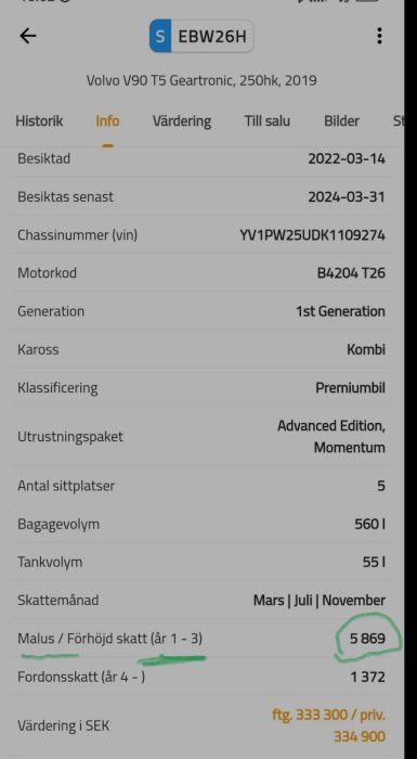 Skärmklipp av bilinformation: Volvo V90, 2019, besiktning, chassinummer, utrustning, sittplatser, fordonsskatt, värdering.