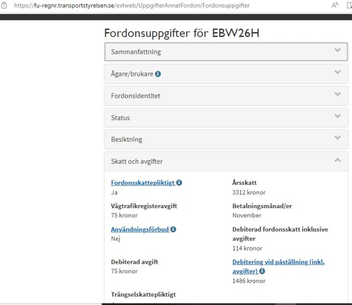 Svensk webbsida som visar fordonsskatterelaterad information för specifikt registreringsnummer.