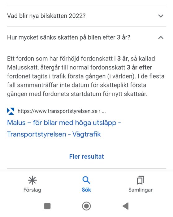 Sökresultat om bilskatt i Sverige, malusskatt, och fordonsskattens minskning efter tre år.