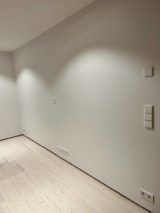 Tomt rum med vit vägg, trägolv, taklampans skugga, elkontakter och väggströmbrytare.