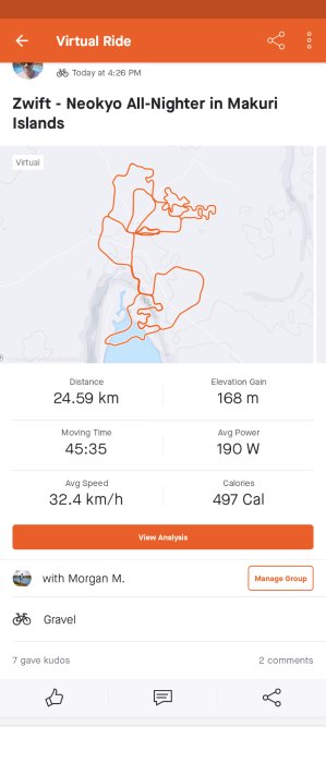 Skärmdump av virtuell cykeltur; karta, distans, tid, höjdvinst, hastighet och energiförbrukning visas.