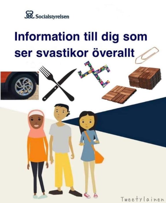 Illustration med text: "Information till dig som ser svastikor överallt" och bilder på vardagsobjekt som liknar svastikor.