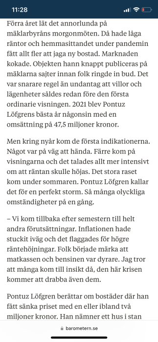 Skärmdump av artikel på svenska om bostadsmarknaden, pandemins effekter, räntor och prisförändringar.