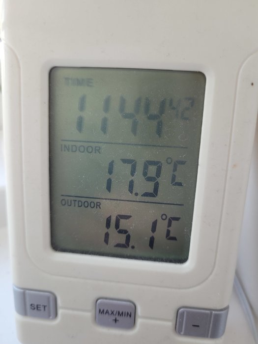 Termometer visar tid, inomhus- och utomhustemperatur. Klockan är 11:44, 17.9° C ute, 11.7° C inne.