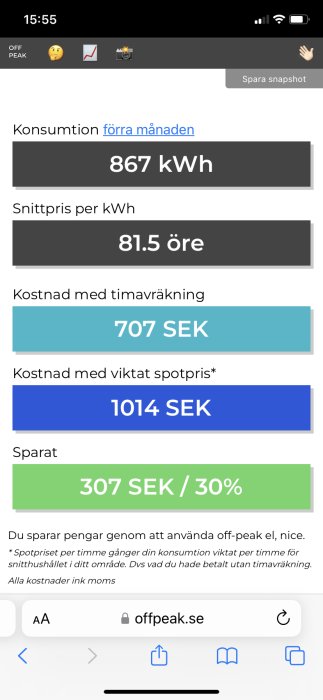 Skärmdump av energiförbrukningsapp visar sparad kostnad genom timavräkning, 867 kWh konsumerat, 307 SEK sparat.