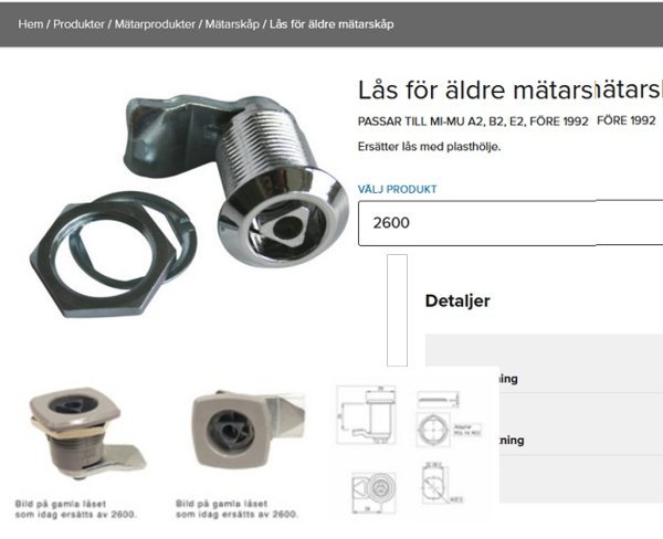 Metallåsdelar, produktsida, "Lås för äldre mätarskåp", tekniska ritningar och beskrivning på svenska.