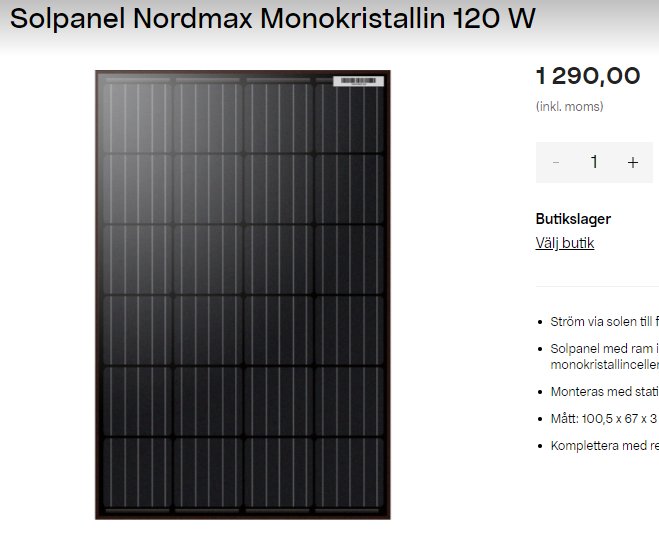 Solpanel, monokristallin, 120W, svart, med pris och tillgänglighetsinformation, monterings- och produktbeskrivning online.