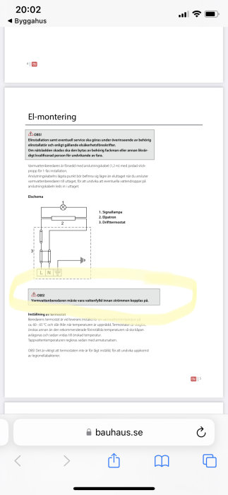 Svensk text om elinstallation, varning om vatten och elektricitet, elektriskt schema, webbläsare på mobiltelefon.