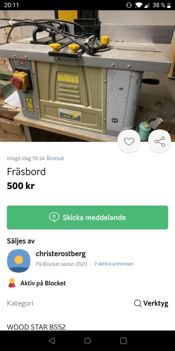 Fräsford till salu på annonsplattform, använd, grått, spår av träbearbetning, elektriska kablar, gula reglage.