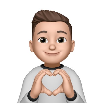 3D-avatar av en leende pojke som gör ett hjärtformigt tecken med händerna.