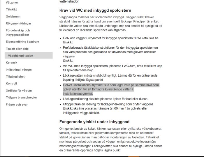 Det är en skärmdump av en text som beskriver installationskrav för inbyggda spolsystem i badrum.