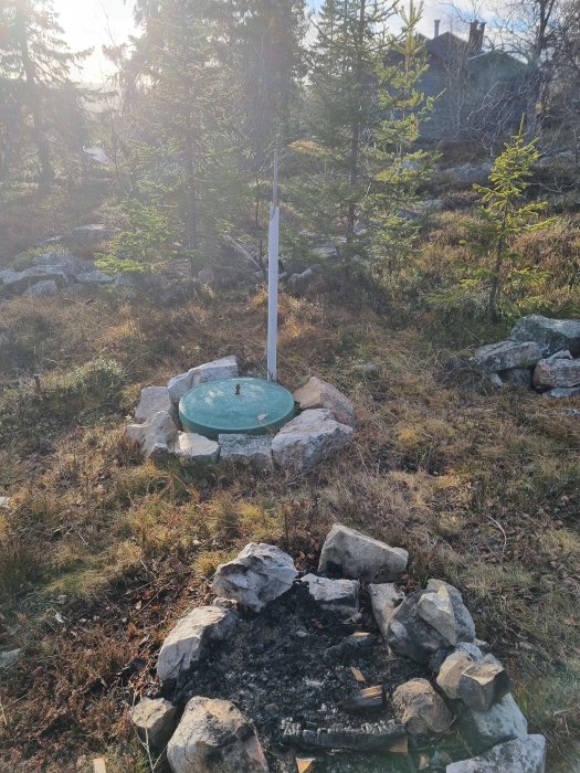 Utomhus med fågelbad, flaggstång, stenring, aska, skogsterräng och stuga i bakgrunden. Soligt väder, skymtar av solnedgång.