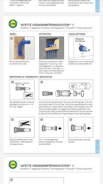 Instruktioner för montering av vägggenomföringssystem, verktyg, komponenter och installationssteg avbildas.