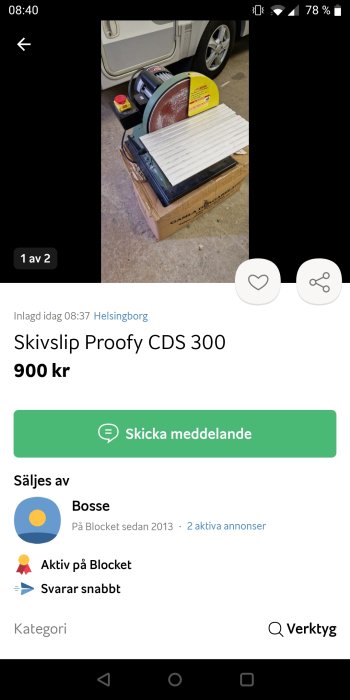 Skivslipmaskin till salu på Blocket, visas i garage, annonserad av användare "Bosse".