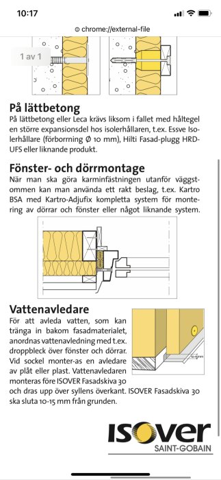 En instruktionsbild som visar installation av fönster, dörrar och vattenskydd i lättbetongvägg. Text på svenska.