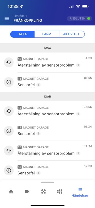 Säkerhetsapp visar logg för garage sensorfel och återställningar, uppdelad på datum.