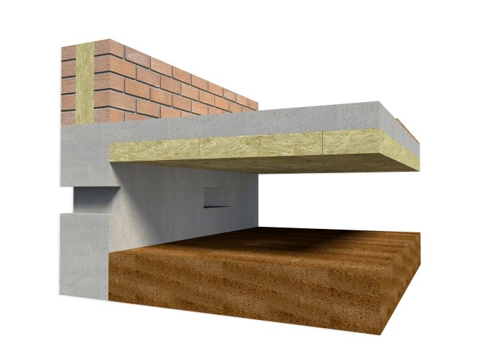 3D-modell av byggnadssektion med betong, tegel, isolering och trämaterial. Konstruktionsdetaljer synliga.