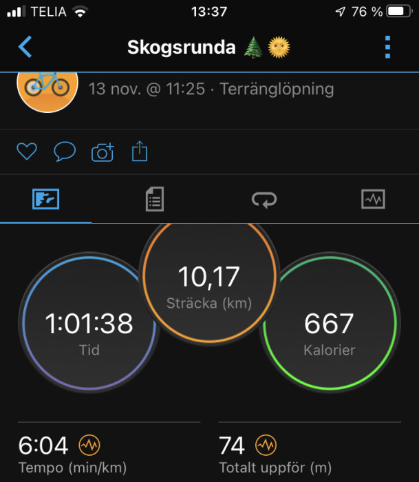 En skärmavbild av en träningsapp som visar statistik för en 10,17 km terränglöpning inklusive tid och kaloriförbrukning.