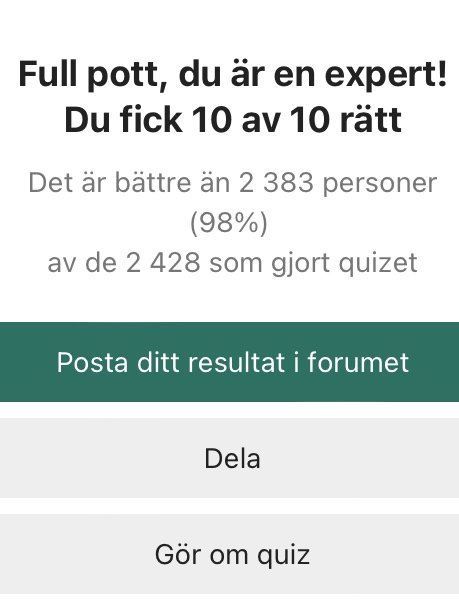 Skärmdump av quizresultat, personen fick alla frågor rätt, uppmaning till att dela resultatet.