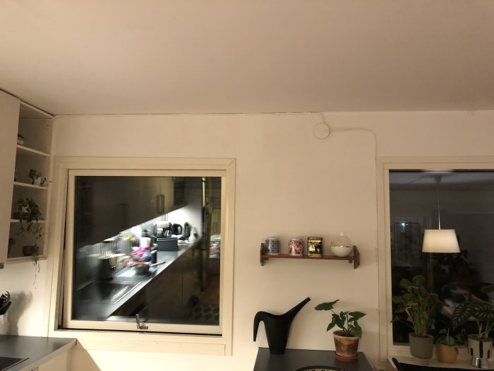 Ett vardagsrum på kvällen med spegling i fönstret, krukväxter, och en vägglampa.