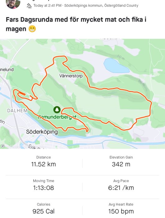 Kartskärm med löprunda, 11.52 km, Söderköping, träningsstatistik som kalorier och tid.