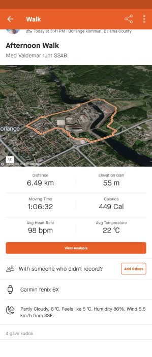 App skärmdump av eftermiddagspromenad, 6.49 km, Borlänge, träningsspårning, väderinformation, Garmin enhet.