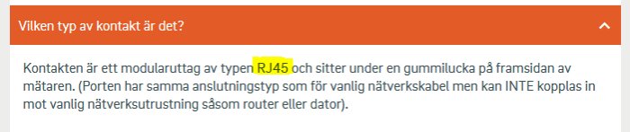 Text om RJ45-moduluttag, ej för vanlig nätverksutrustning, sitter under gummilucka.