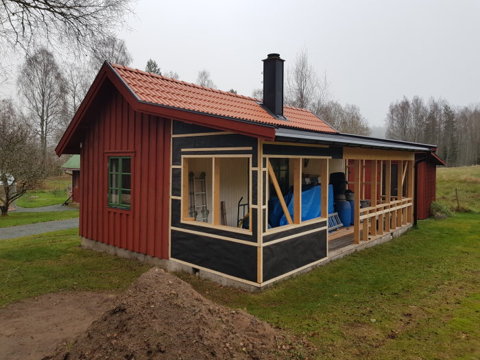 Svensk röd stuga med veranda, skorsten, grönt gräs, molnig himmel, utanför stadsmiljö, traditionell, inget folk.