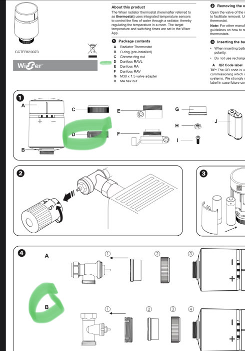 Instruktionsblad för radiator termostat med installationssteg, innehållsförteckning och användarinformation.