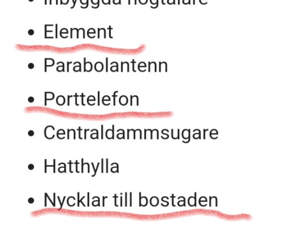 Lista med saker, vissa överstrukna med rött, i en bostadskontext.