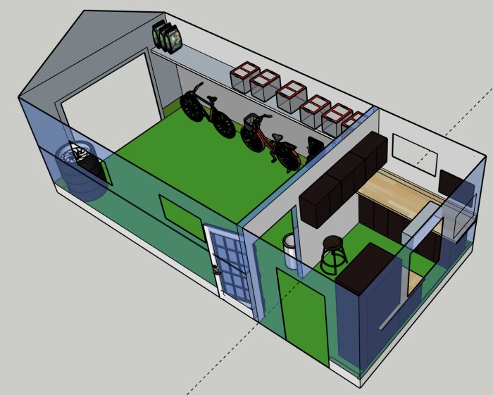 3D-modell av ett inrett garage med cyklar, soffområde, arbetsbänk och förvaring.